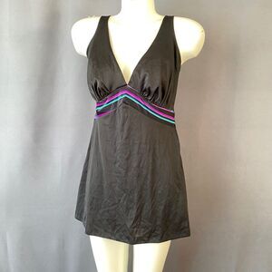 Vintage 80s Black S/M Swimsuit Bathing Suit Skirt Bottom Purple Stripe Back Tie